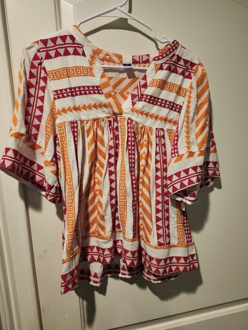 Old Navy Boho Embroidered V-Neck Peasant Top — Orange & Magenta, M